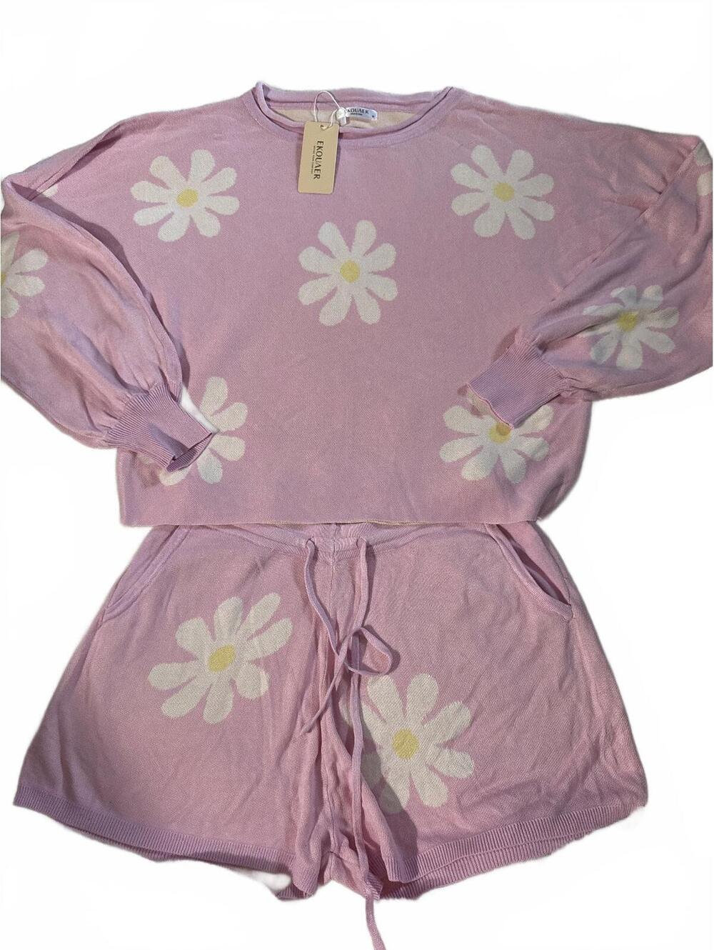 Ekouaer Women's Pink Daisy Print Knit Sweater and Shorts Lounge Set, Size Medium